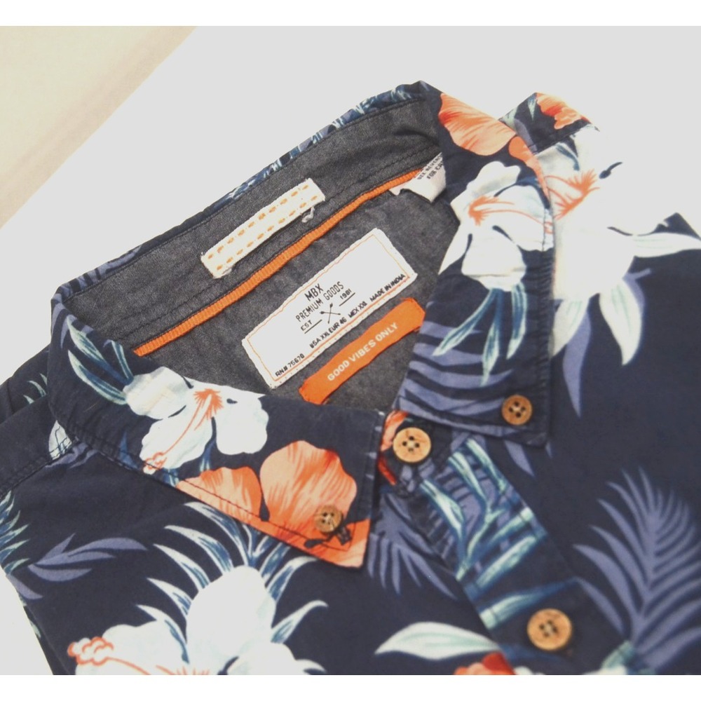 MBX Premium Goods Mens Hawaiian Shirt Good Vibes Only Navy Floral 100% Cotton